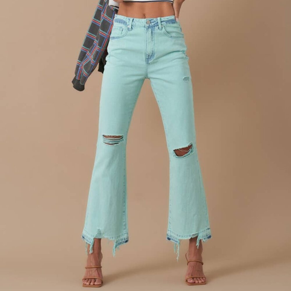 High-Rise Mint Distressed Flared Jeans